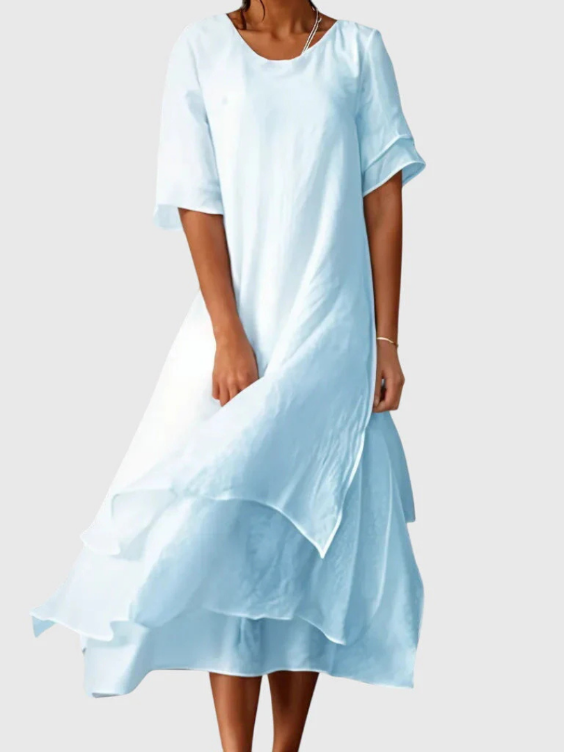 Round Neck Short Sleeve Layered Chiffon Midi Dress