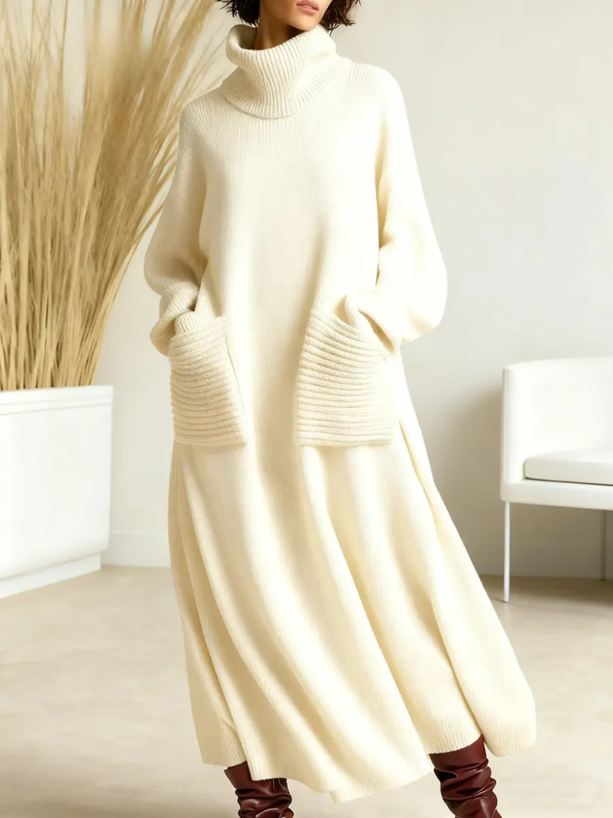 Turtleneck Pocket Knit Maxi Sweater Dress
