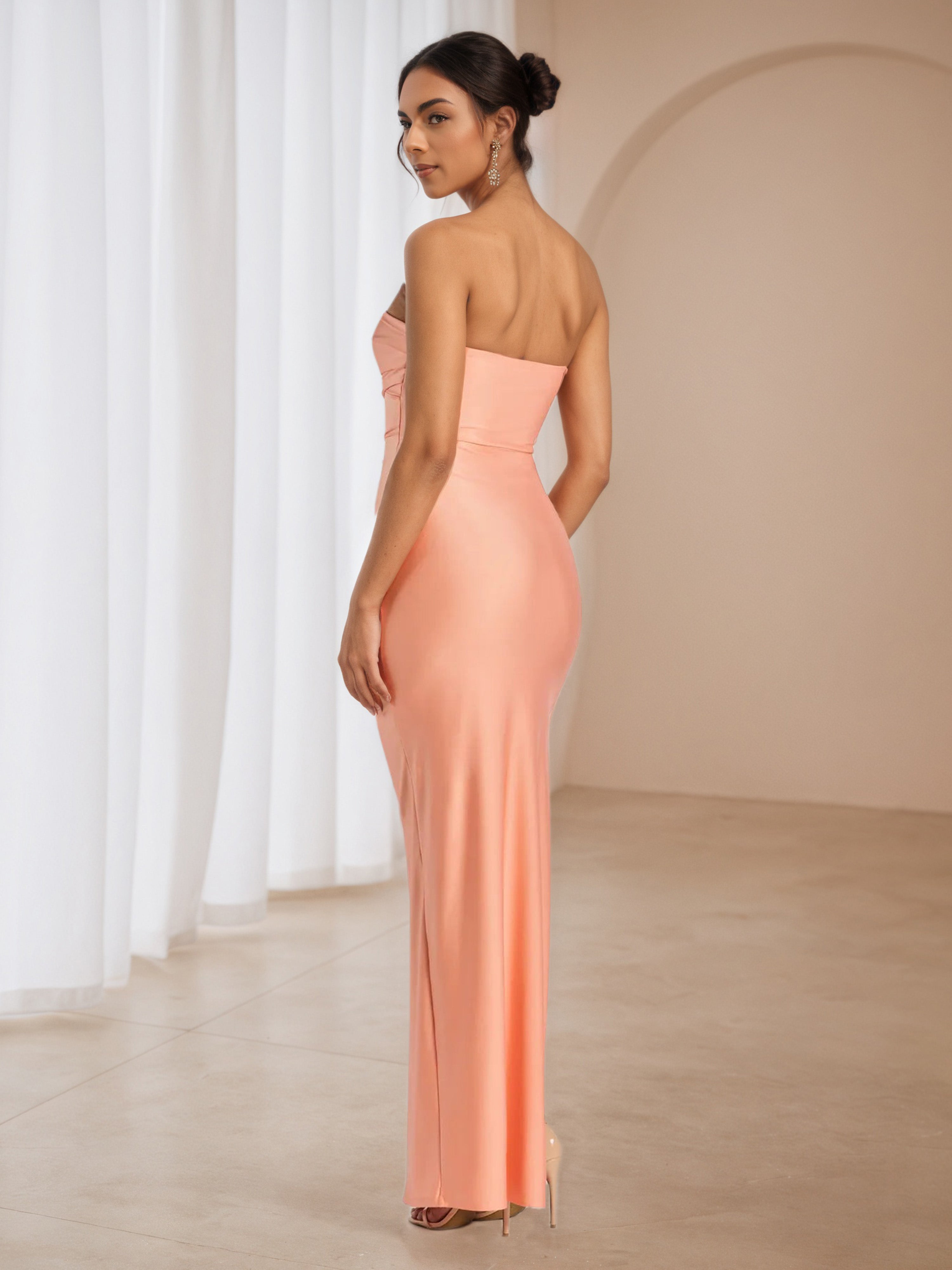 Strapless Coral Split Formal Dresses