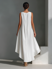 Round Neck Sleeveless High Low Linen Look Midi Dress 9