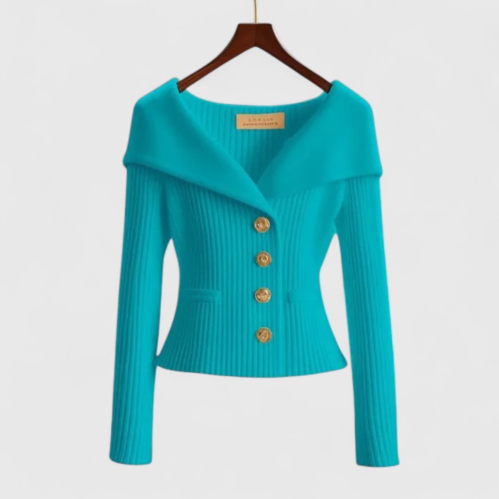 Portrait Collar Button Front Ribbed Knit Sweater