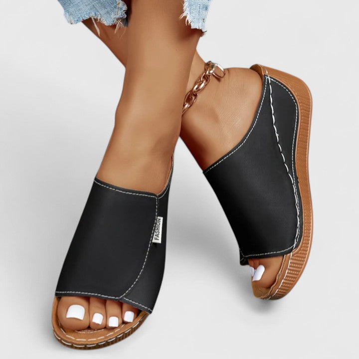 Open Toe Low Wedge Slide Mules