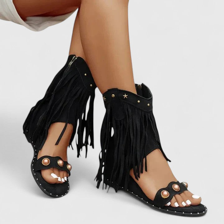 Open Toe Fringe Side Zip Flat Sandals 2