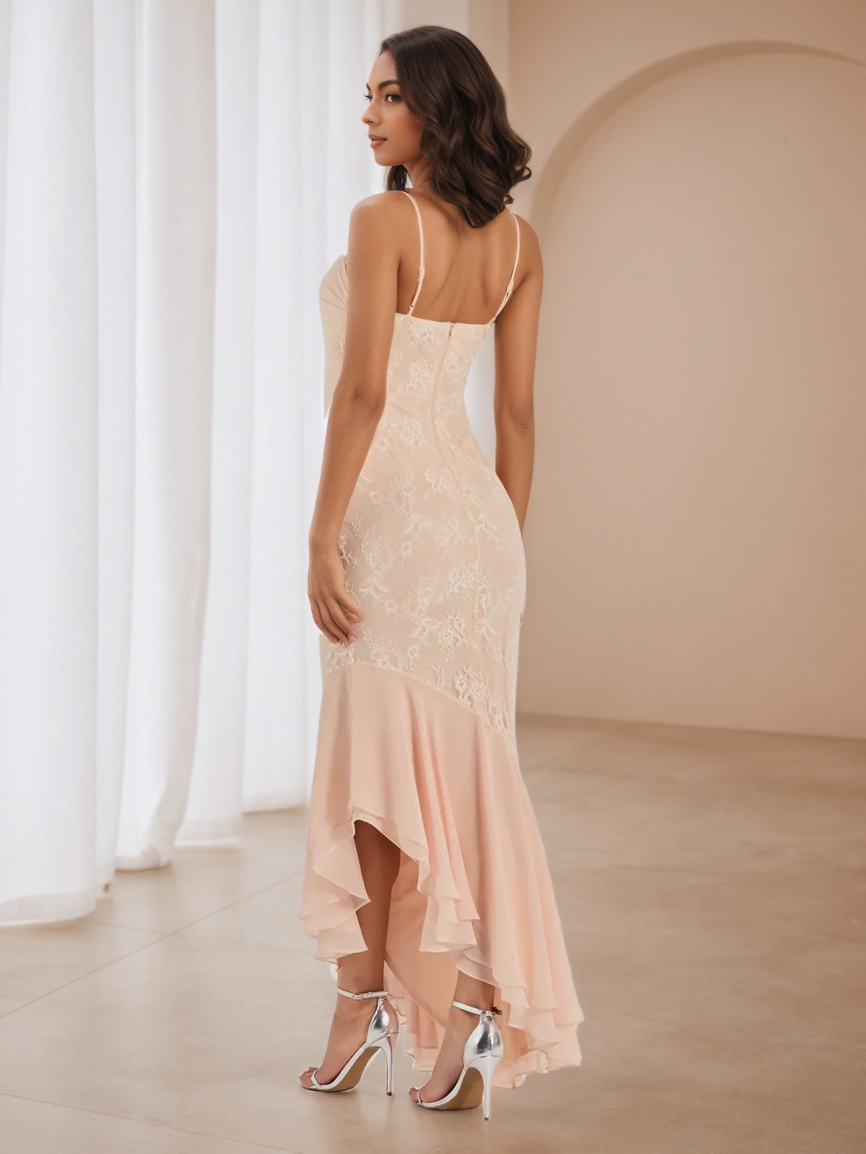 Ankle Length Ruffle Side Spaghetti Straps Coral Formal Dresses
