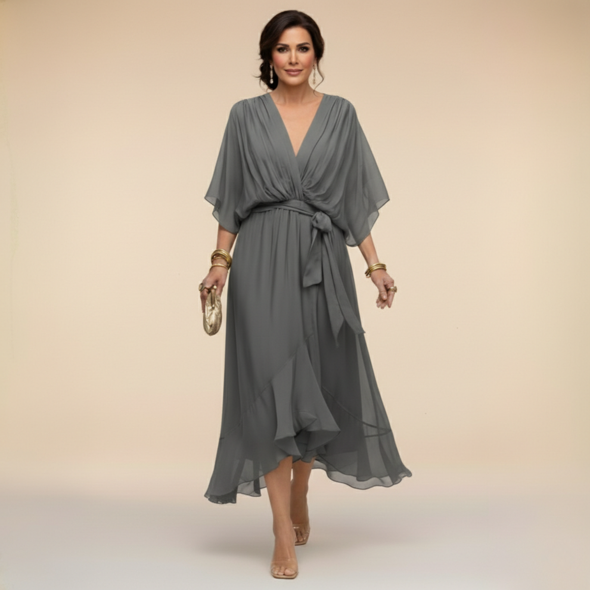 V-Neck Kimono Sleeve Belted Ruffle High Low Midi Dress