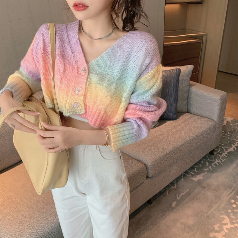 Cropped Rainbow Colors Knitted Cardigan Sweater
