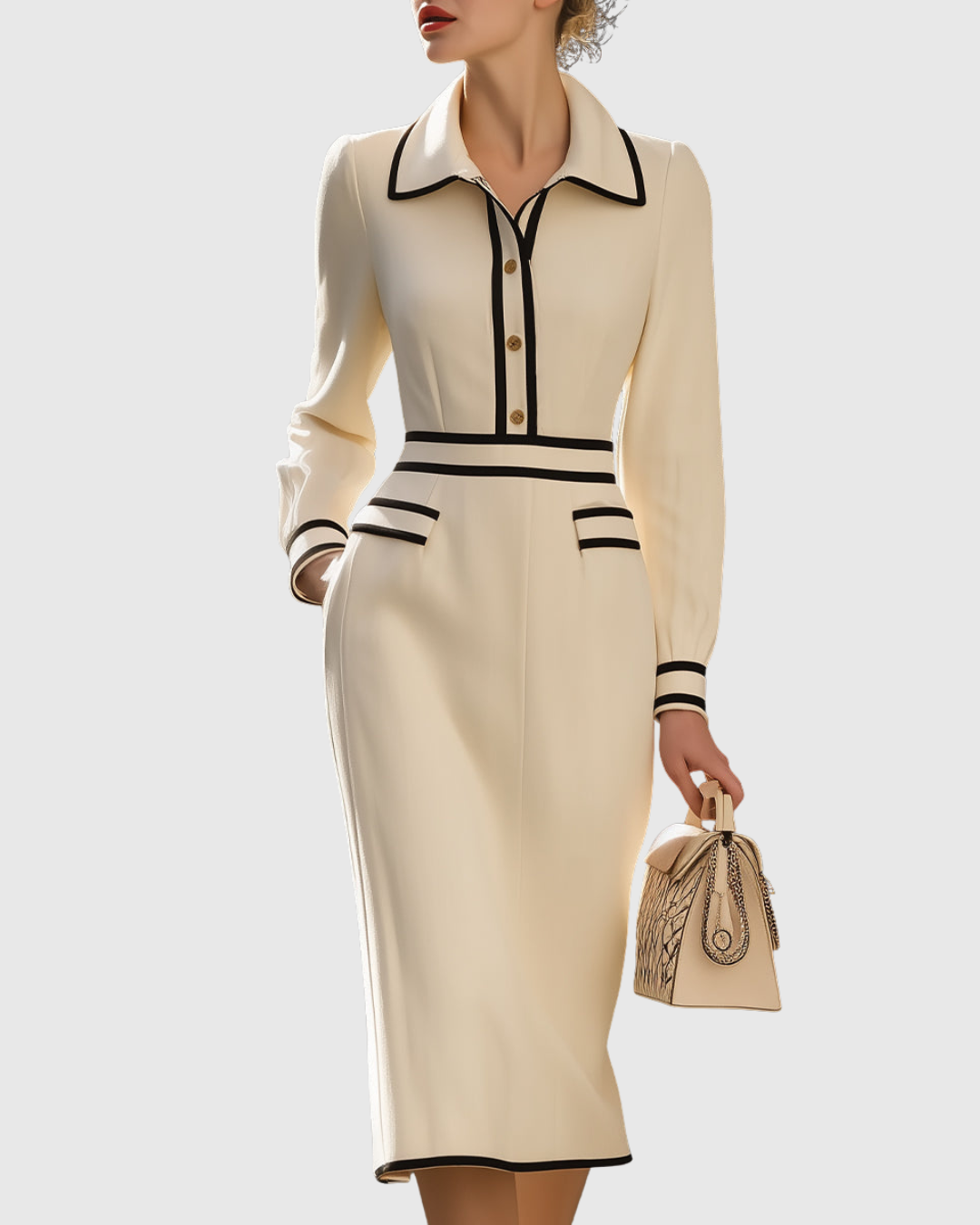 Contrast Trim Collared Long Sleeve Midi Dress