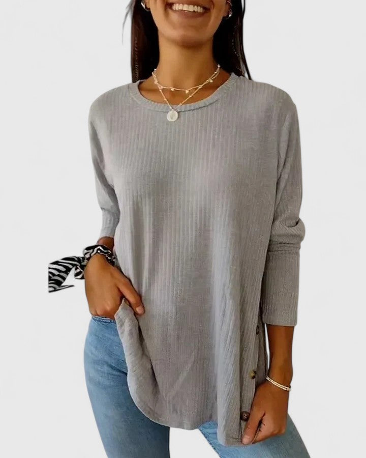 Crew Neck Long Sleeve Ribbed Side Button Top