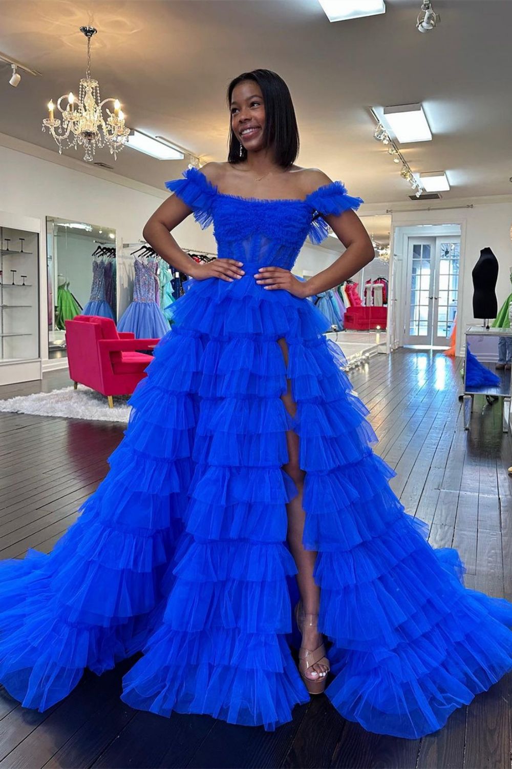 Charming A Line Off the Shoulder Red Corset Prom Dress with Ruffles