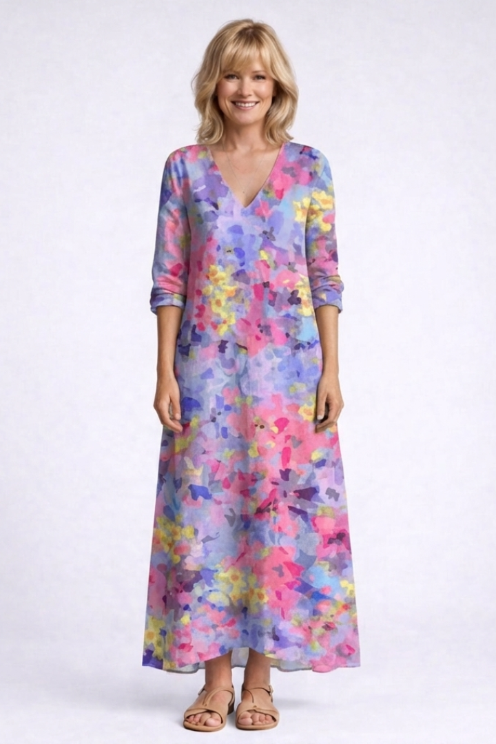 Floral V-Neck Long Sleeve A-Line Maxi Dress