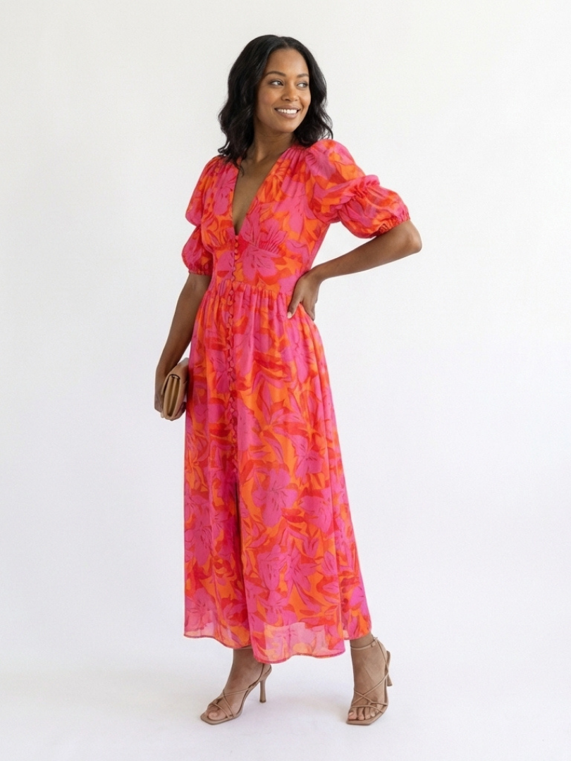Floral V-Neck Puff Sleeve Button Front Midi Dress