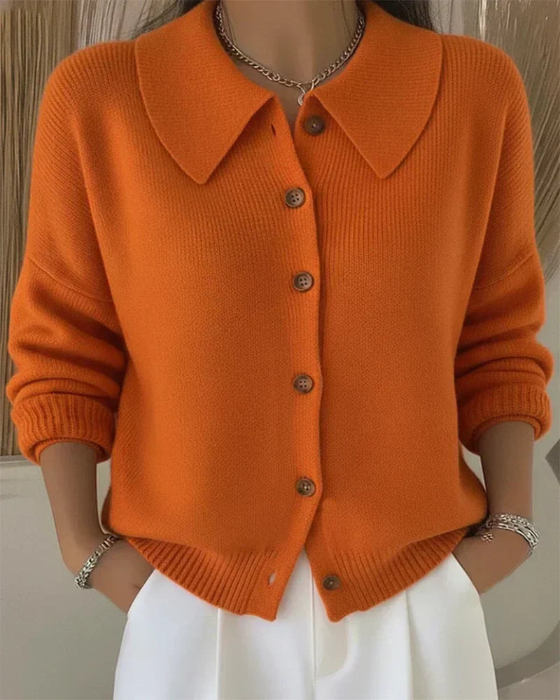 Collared Button Front Ribbed Knit Cardigan