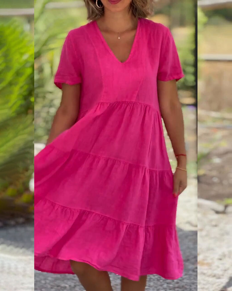 Igone Chic Cotton Linen Dress with V Neck Premium Wardrobe Essential