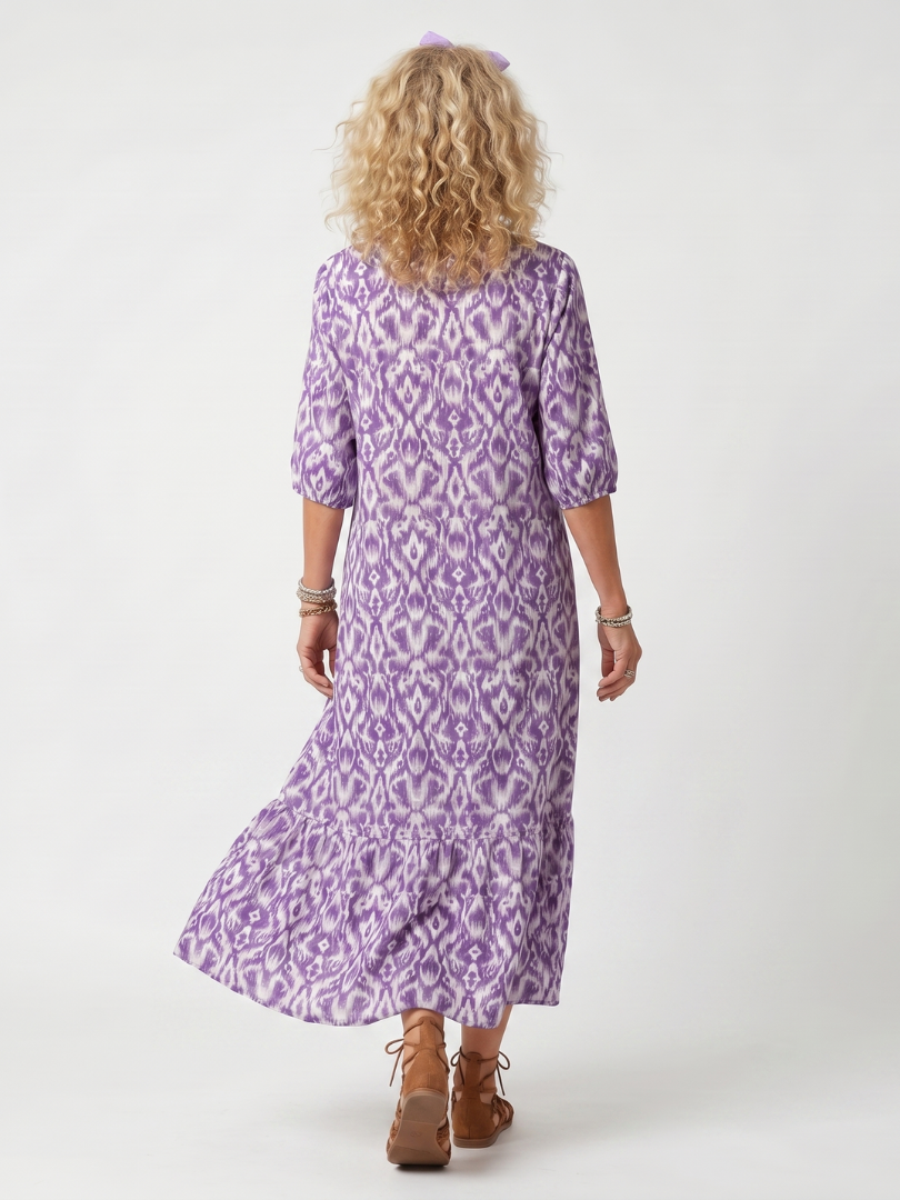 Ikat Print Tassel Tie Neck Puff Sleeve Tiered Midi Dress