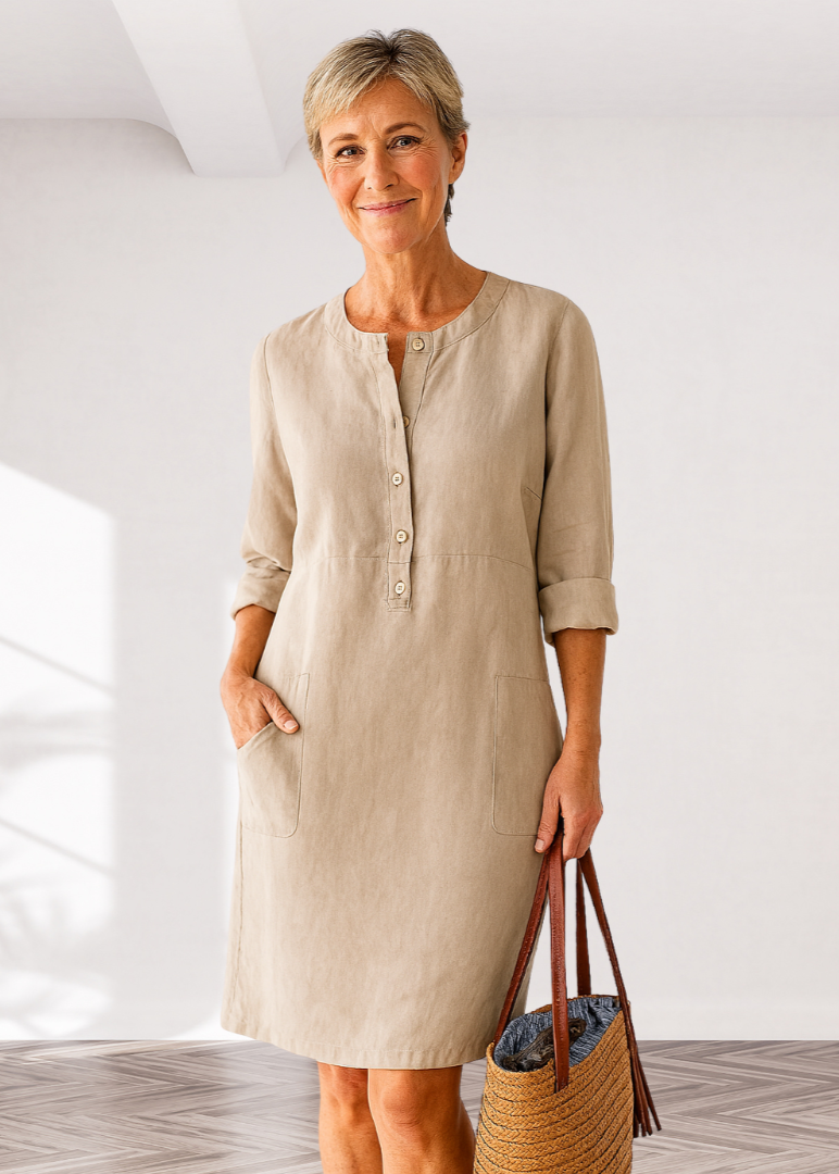 Linen Look Button Placket Long Sleeve Pocket Shift Dress