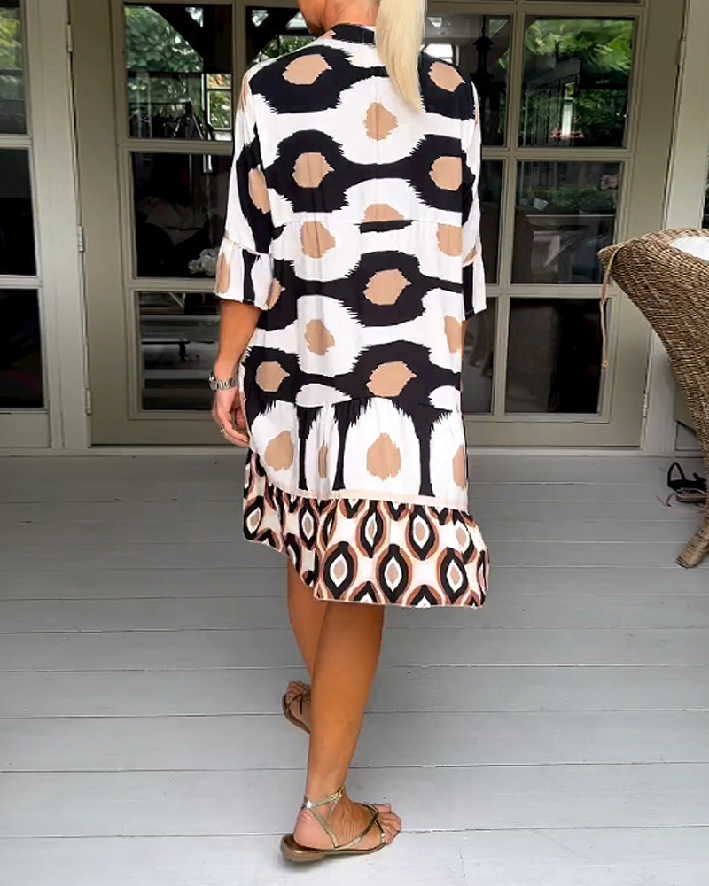 Abstract Print Button Front Flared Sleeve Tiered Midi Dress