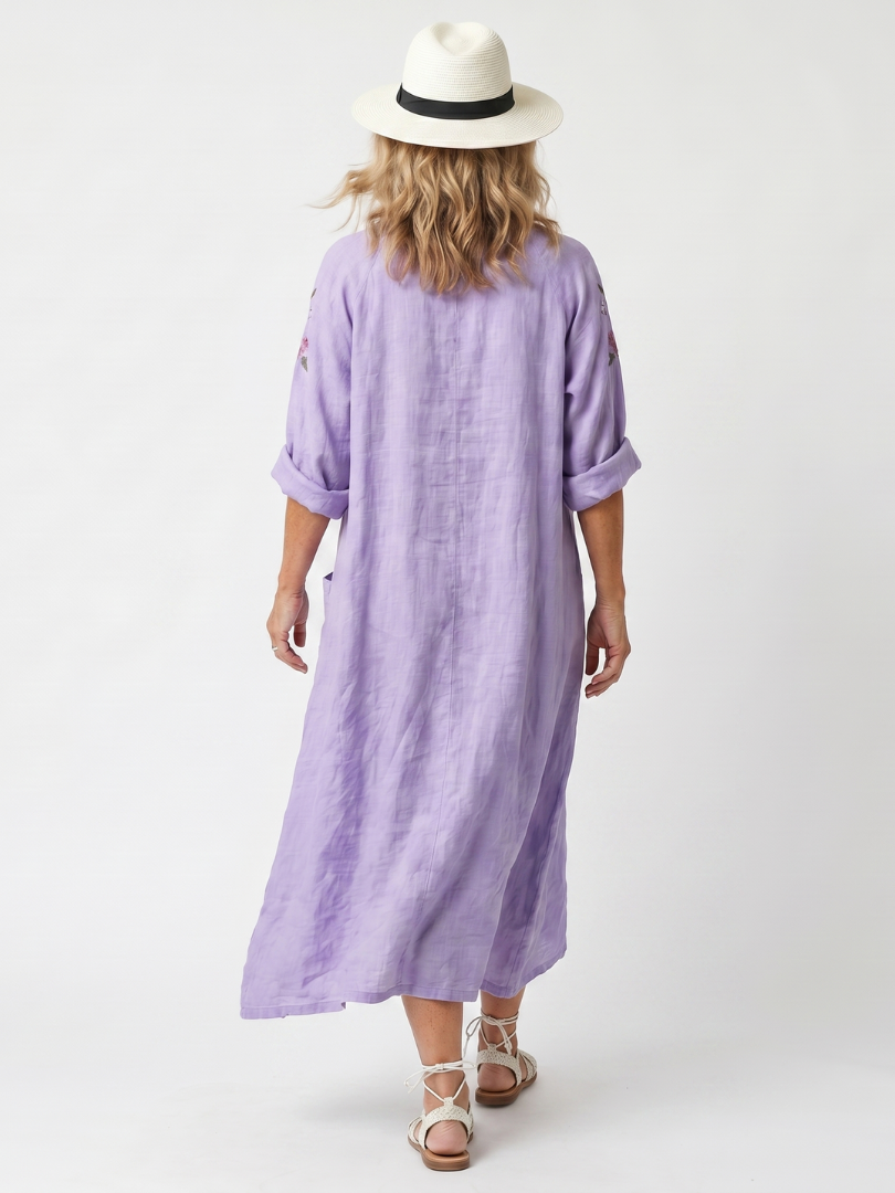 Floral Embroidered V-Neck Rolled Sleeve Pocket Midi Dress