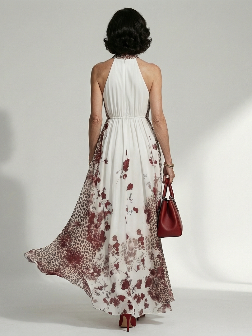 Halter Neck Floral Leopard Print Pleated Maxi Dress