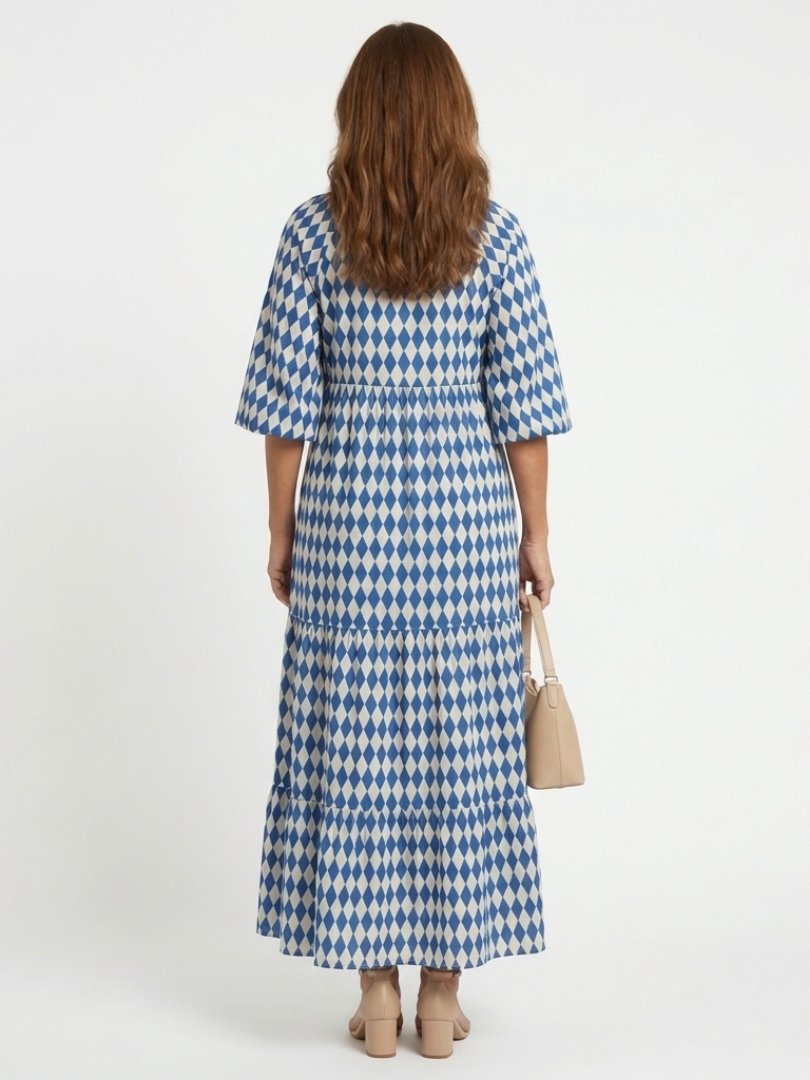 Diamond Print Split Neck Puff Sleeve Tiered Maxi Dress