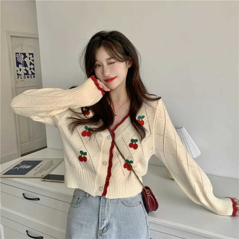 V-Neck Elegant Cherry Pattern Cardigan Sweater