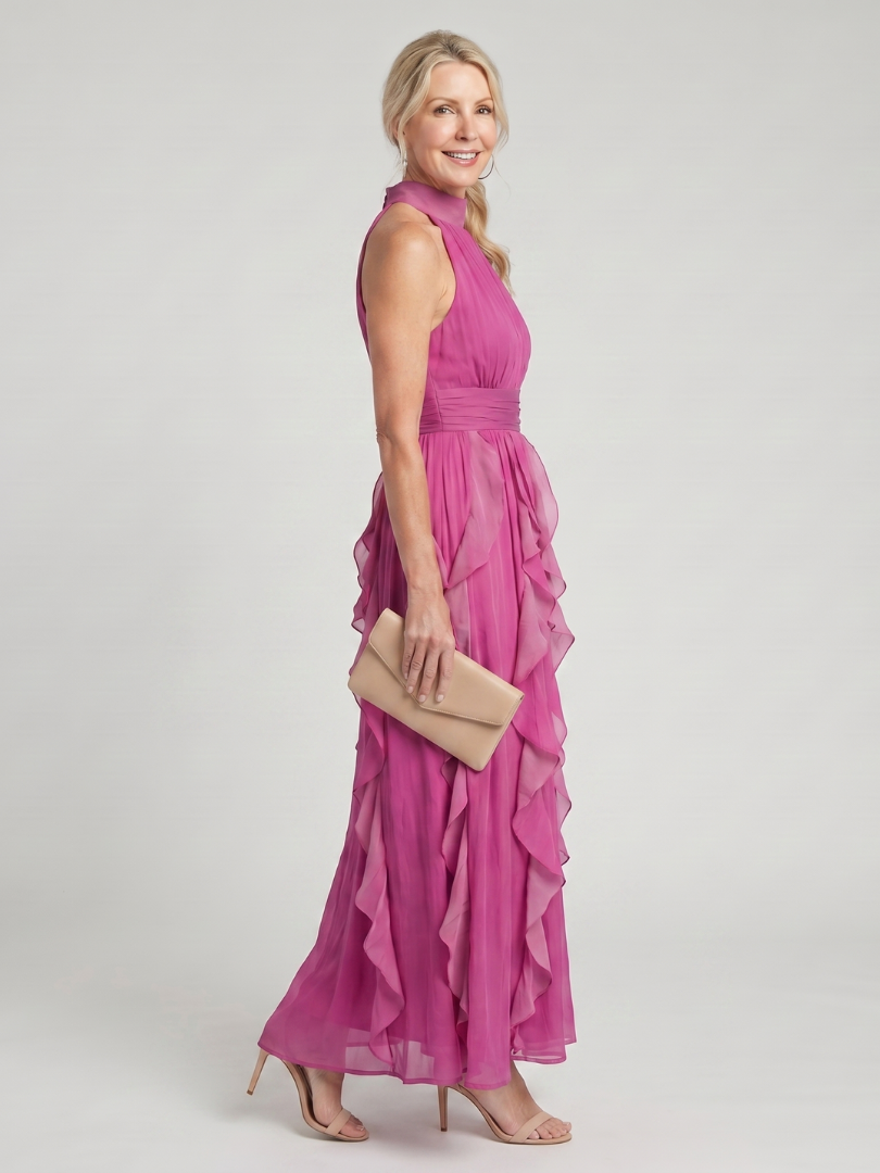 High Neck Sleeveless Ruffle Cascade Chiffon Maxi Dress