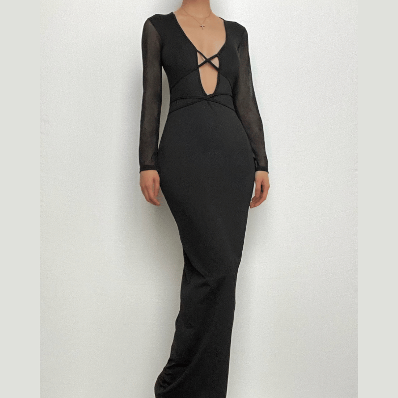 Deep V-Neck Mesh Long Sleeve Cross Front Cut Out Maxi Dress