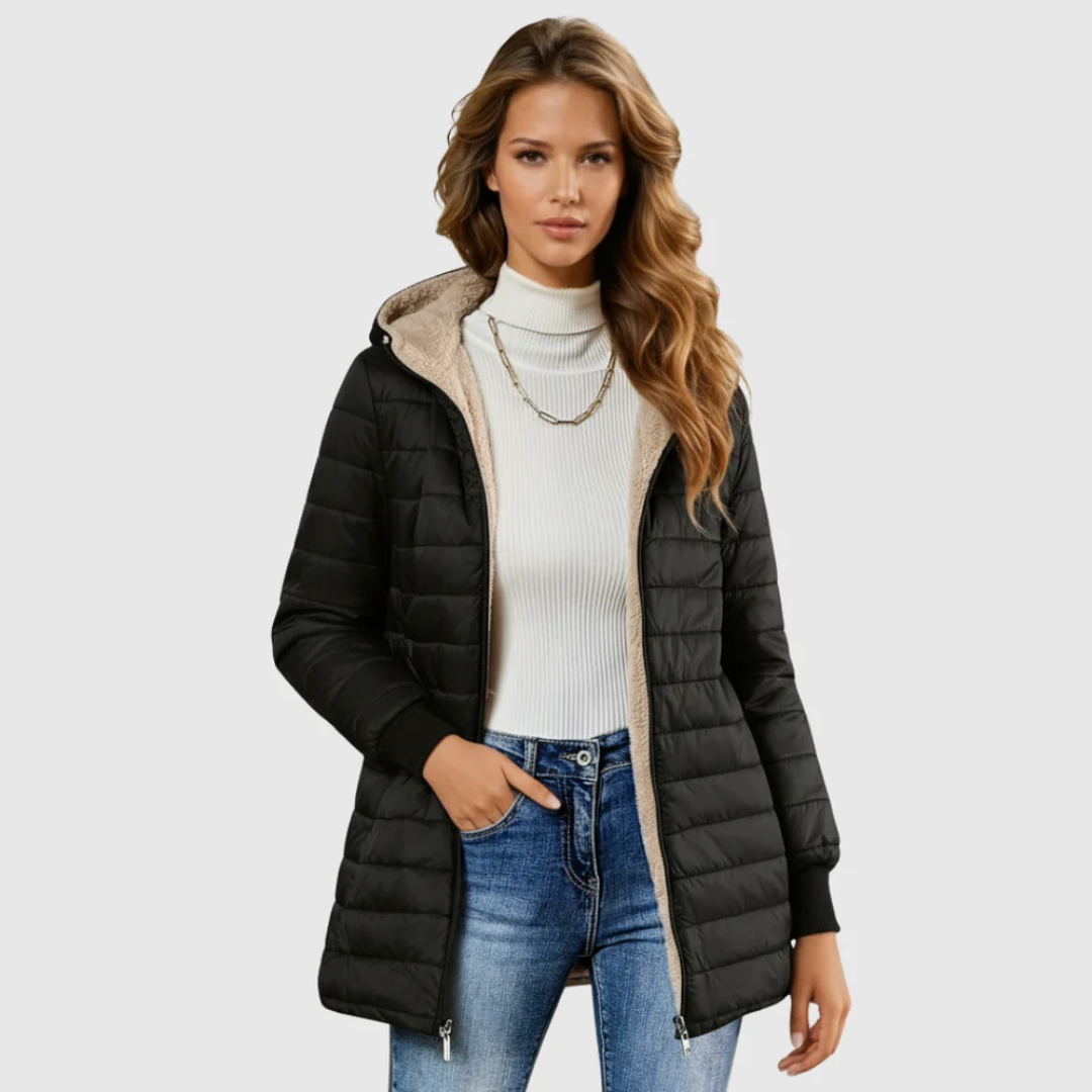 Hooded Sherpa Lined Zip Front Longline Puffer Jacket
