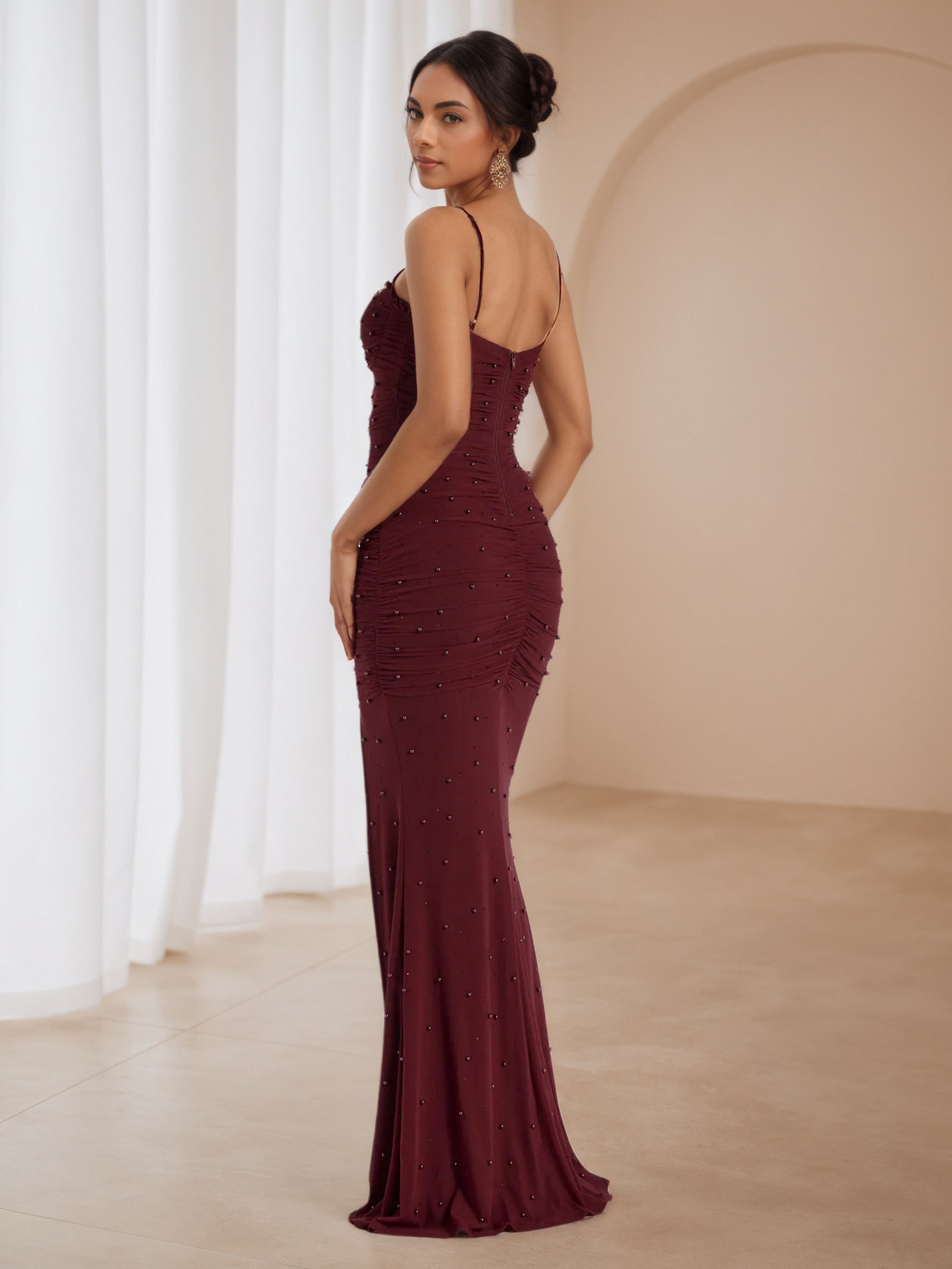 Sweetheart Cabernet Pearl Long Formal Dresses with Split