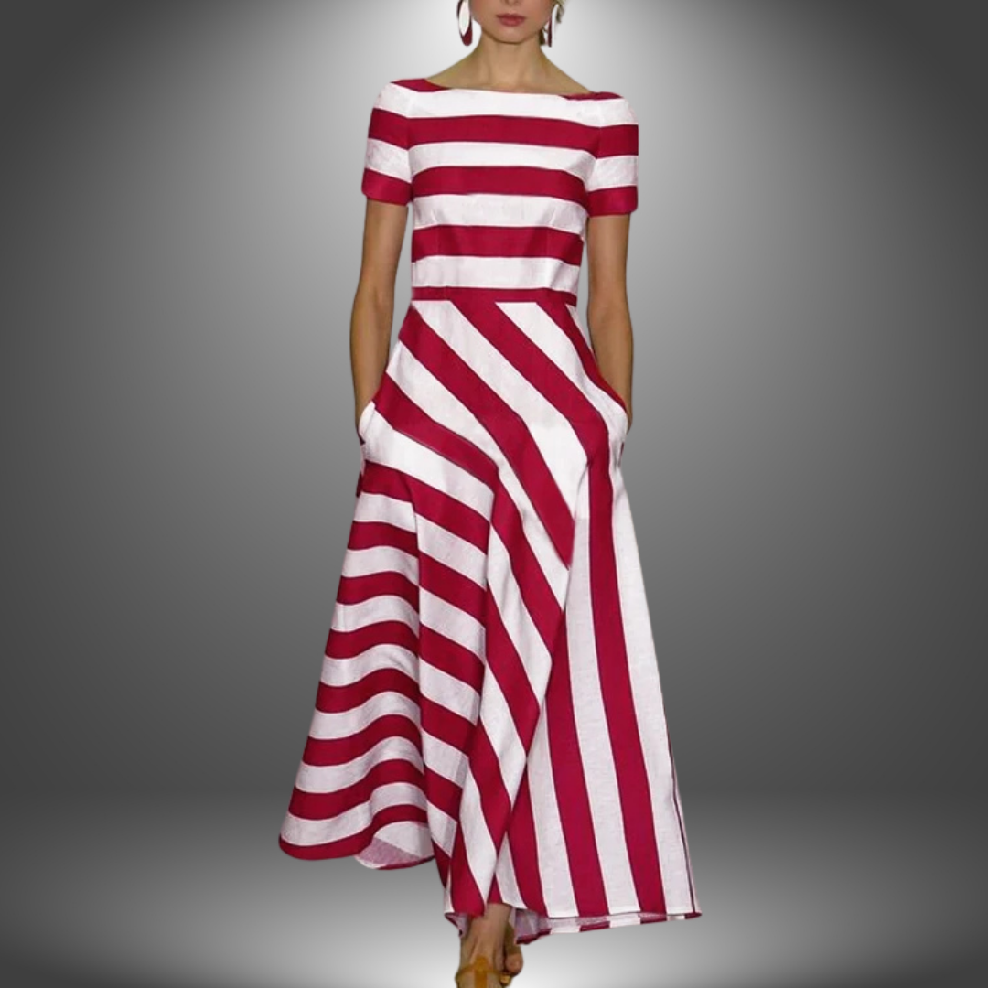Striped Strapless Flowing A-Line Maxi Dress