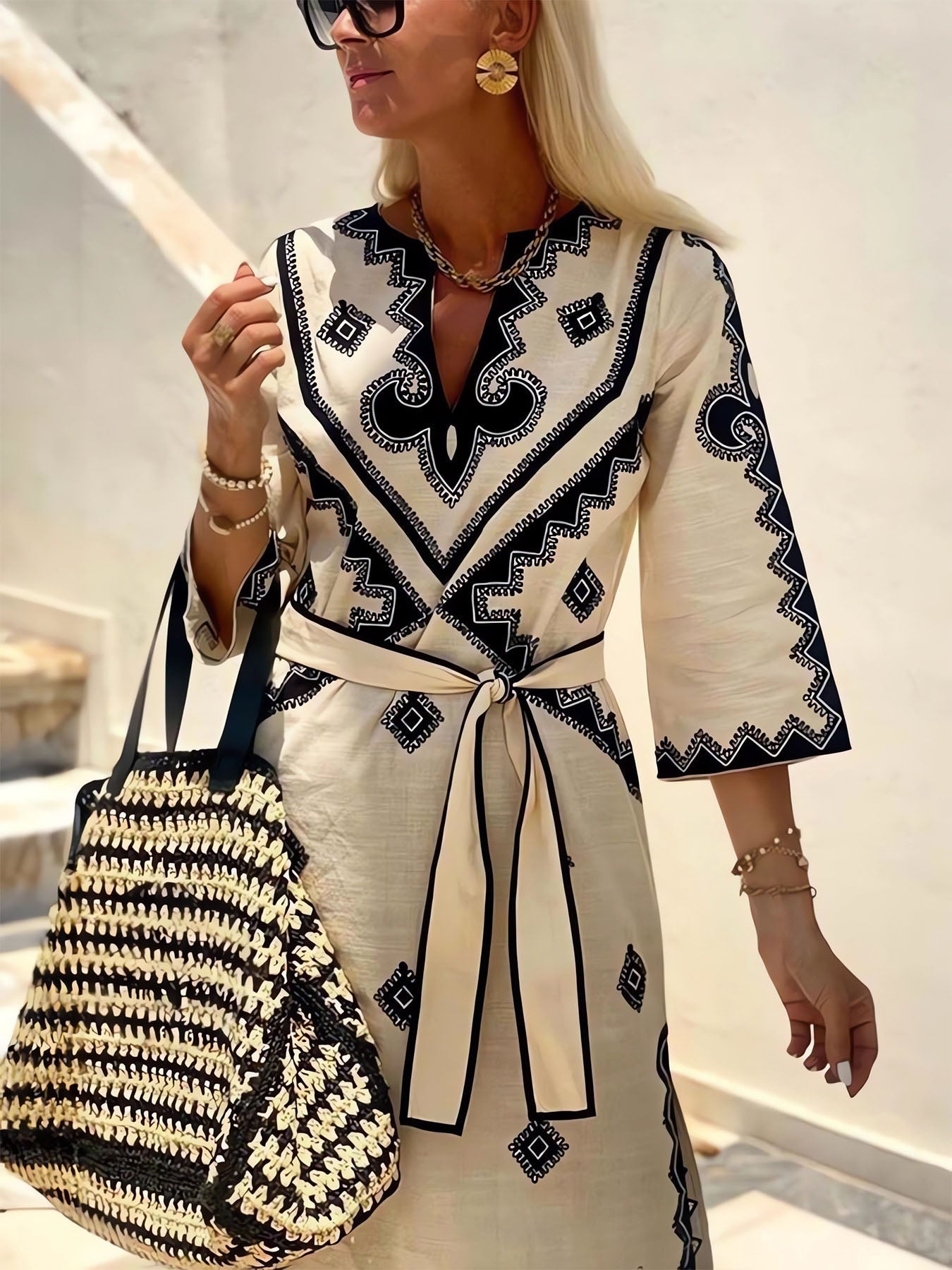Aztec Print Long Sleeve Belted Maxi Dress 4