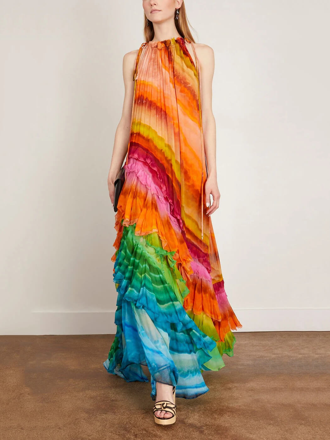 Tie Dye Print Halter Neck Drawstring Tiered Ruffle Chiffon Maxi Gown