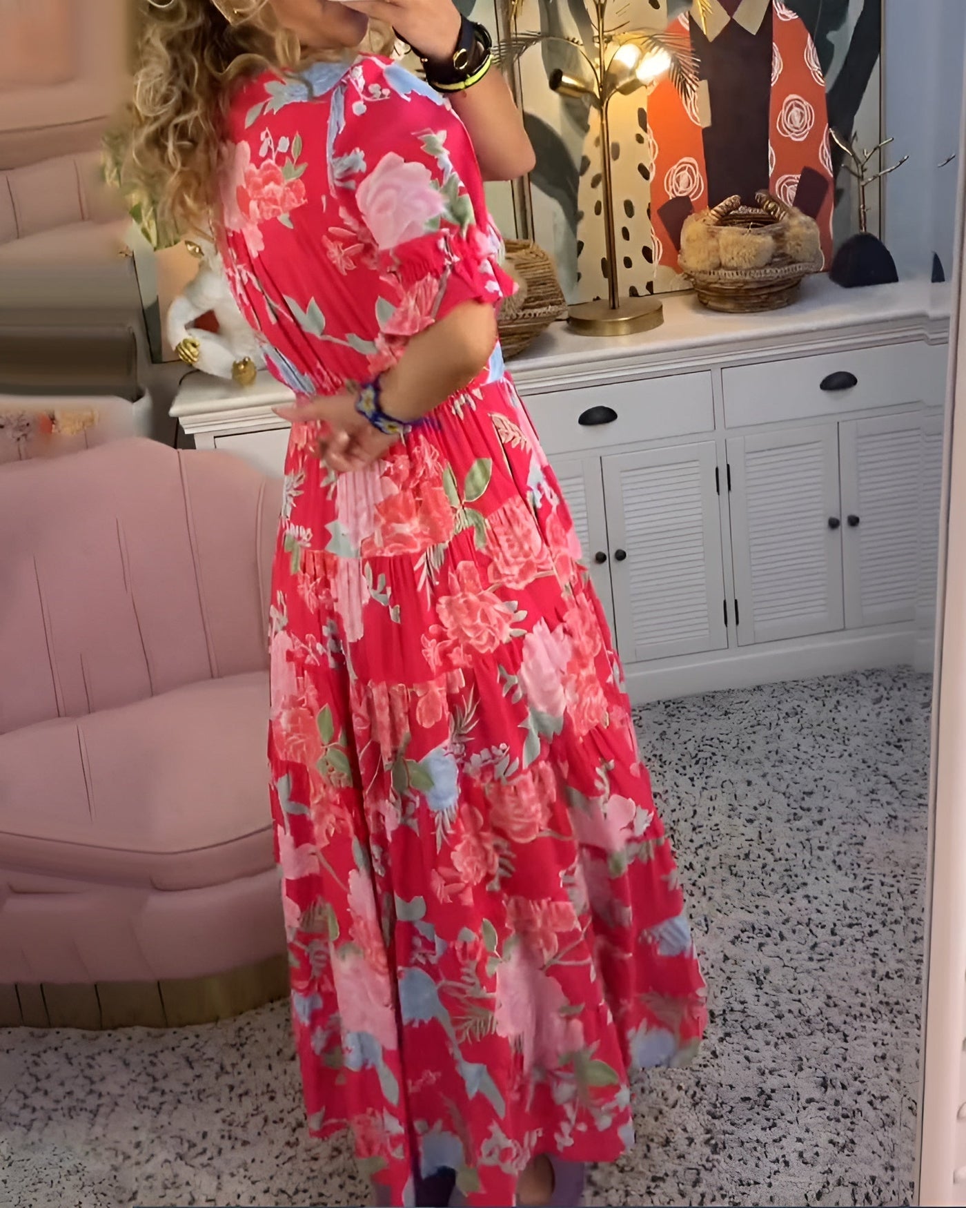 Floral Print Deep V-Neck Short Sleeve Tiered Maxi Dress 2