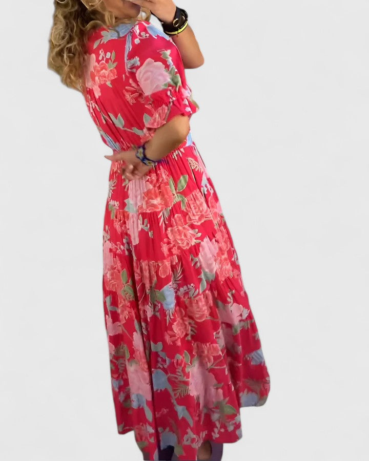 Floral Deep V-Neck Puff Sleeve Tiered Maxi Dress