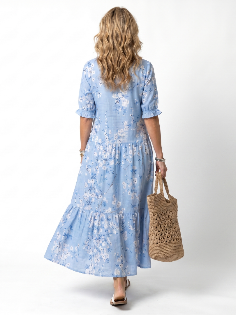 Floral Print V-Neck Puff Sleeve Tiered Maxi Dress