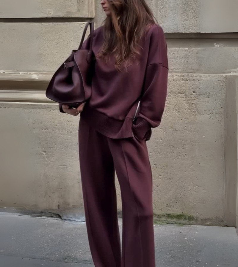 Drop Shoulder Knit Top and Wide Leg Pants Two Piece Set