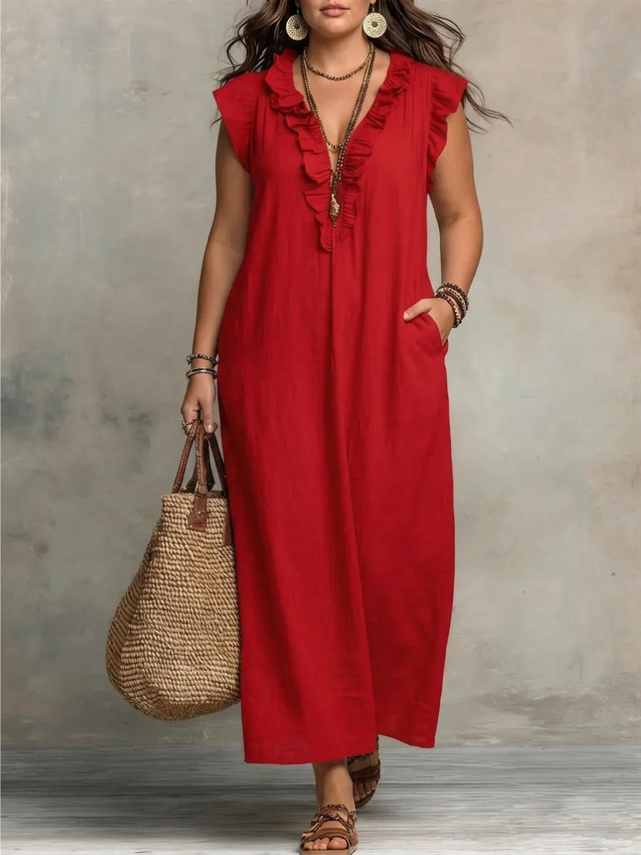 Ruffle V-Neck Sleeveless Pocket Linen Maxi Dress