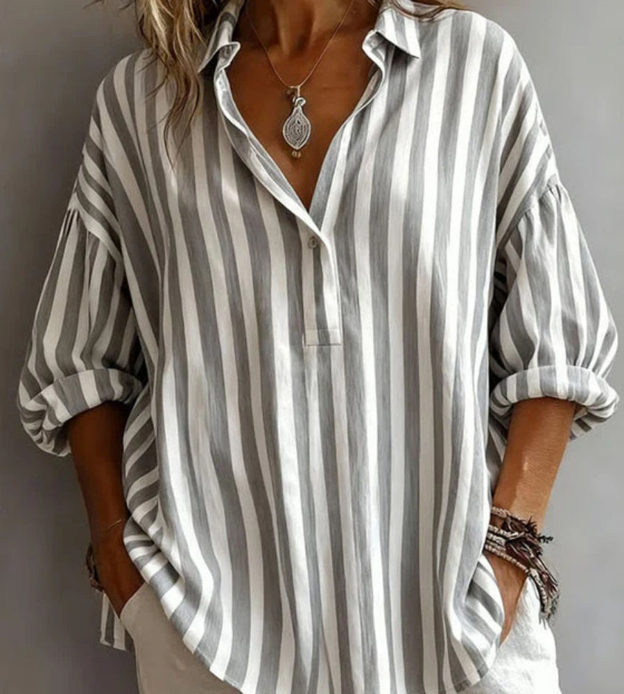 Striped Collared Half Sleeve Popover Blouse