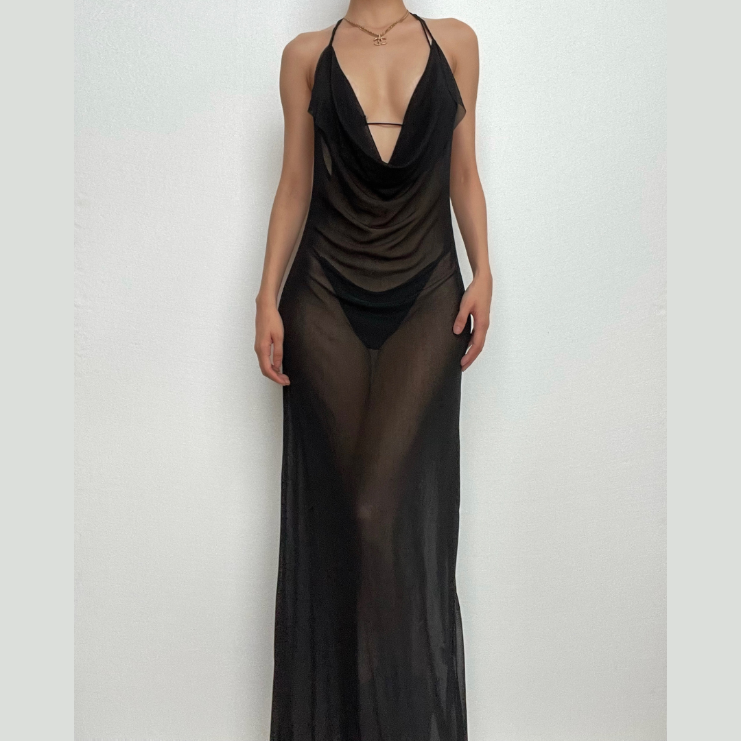 Sheer Mesh Cowl Neck Halter Backless Maxi Cover Up Dress