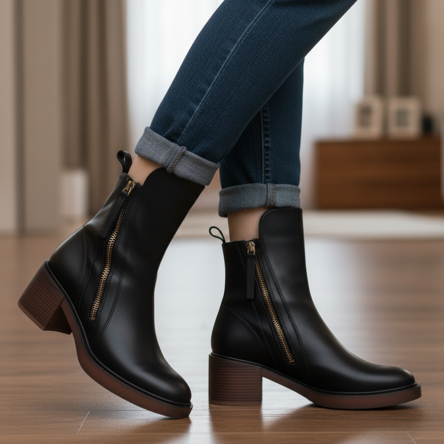 Round Toe Front Zip Block Heel Ankle Boots