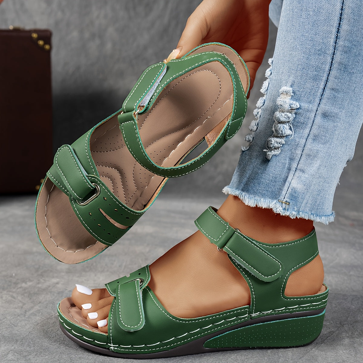 Open Toe Hook and Loop Strap Wedge Sandals