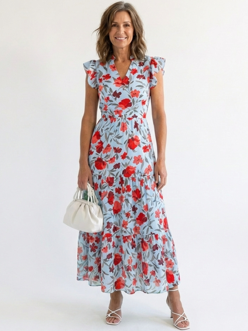 Floral Flutter Sleeve Split Neck Tiered Maxi Dress