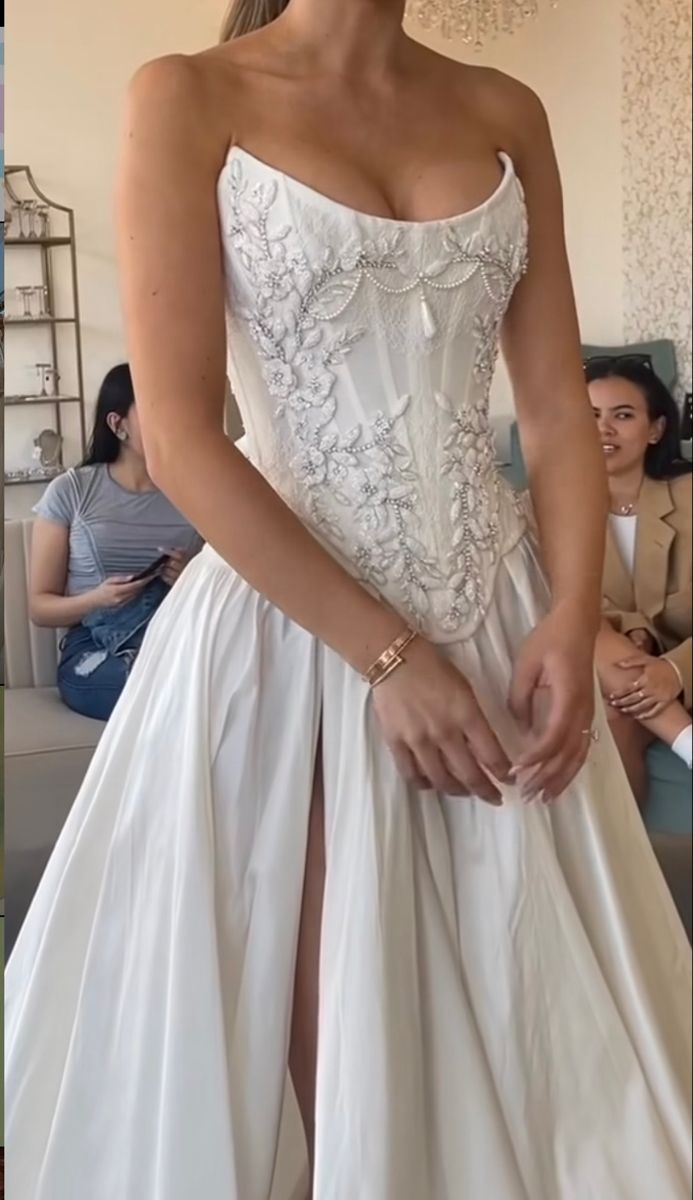 Charming Beaded Satin A Line Slit Prom Dress White Wedding Dress cc1430