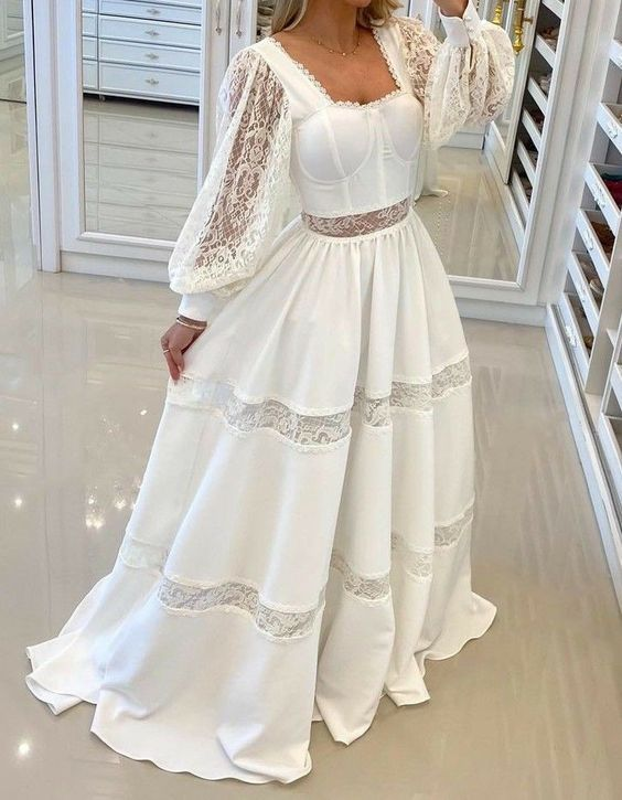 Chic White Long Sleeves Evening Dress,White Evening Gown cc920