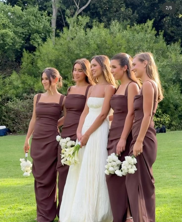 Classy Square Neck Brown Satin Pleated Long Prom Dress Bridesmaid Dress D1119