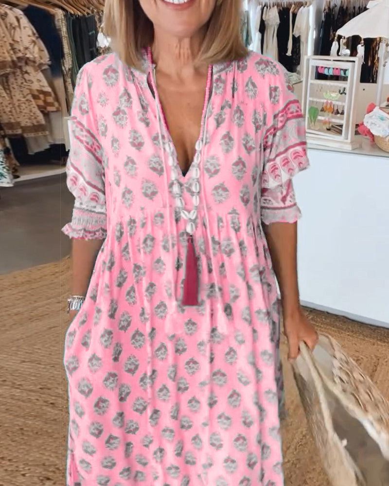 Printed V-Neck Ruffle Short Sleeve Tiered Maxi Dress