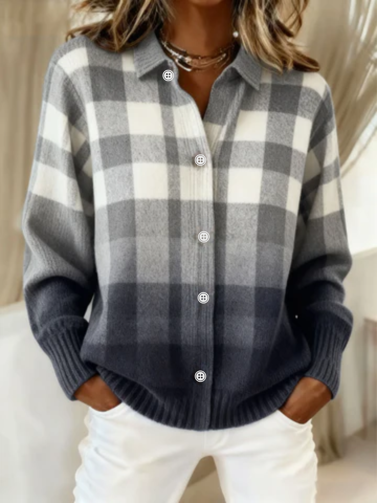 Drop Shoulder Buttoned Ombre Check Knit Cardigan