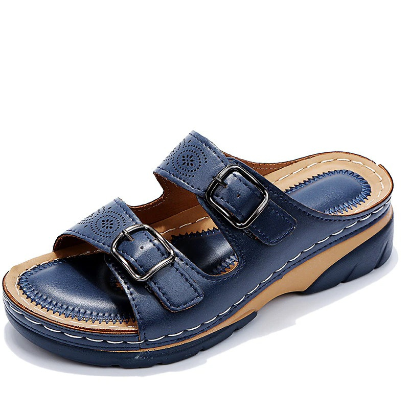 Open Toe Cutout Double Buckle Wedge Slide Sandals