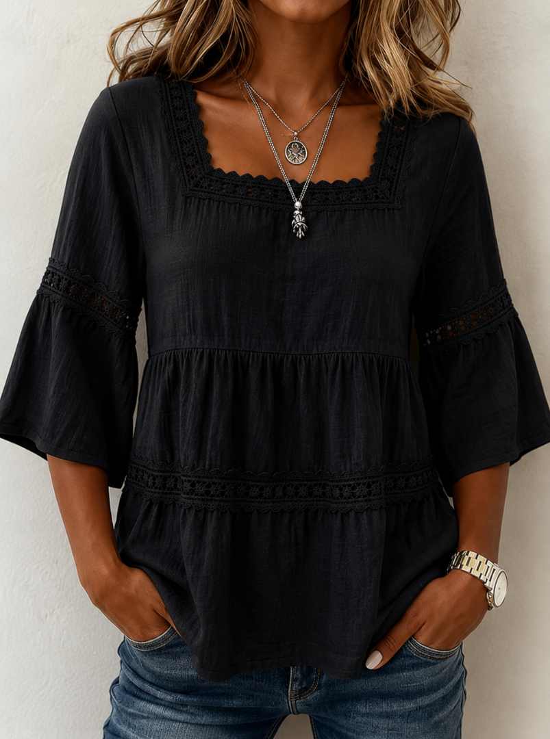 Crochet Lace Trim Square Neck Flare Sleeve Tiered Top