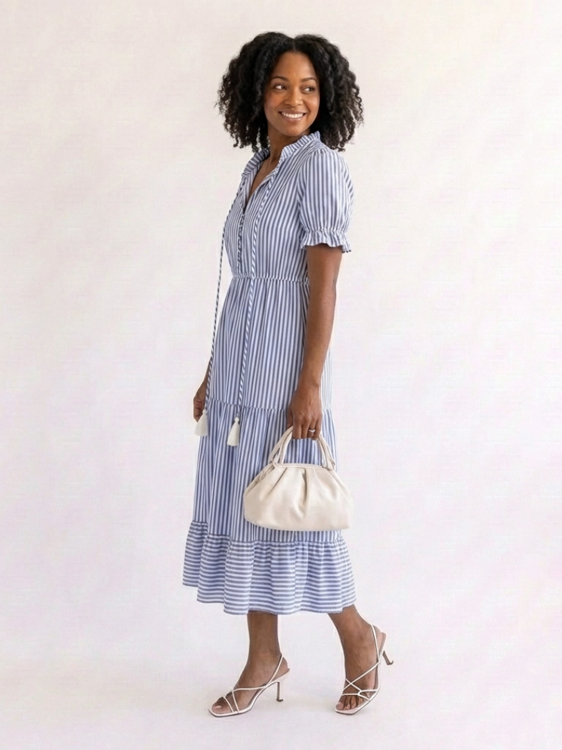 Striped Short Sleeve Button Front Tiered Midi Shirt Dress