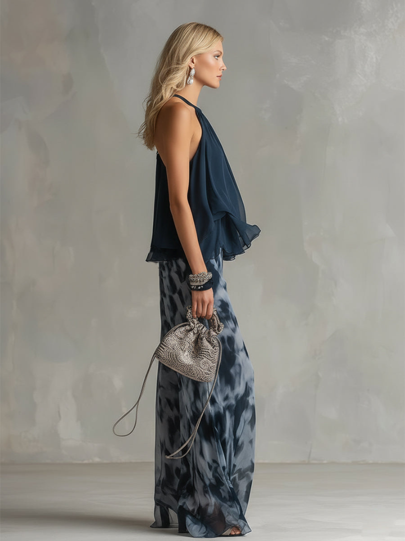 Halter Neck Ruffle Top and Wide Leg Pants Two Piece Set